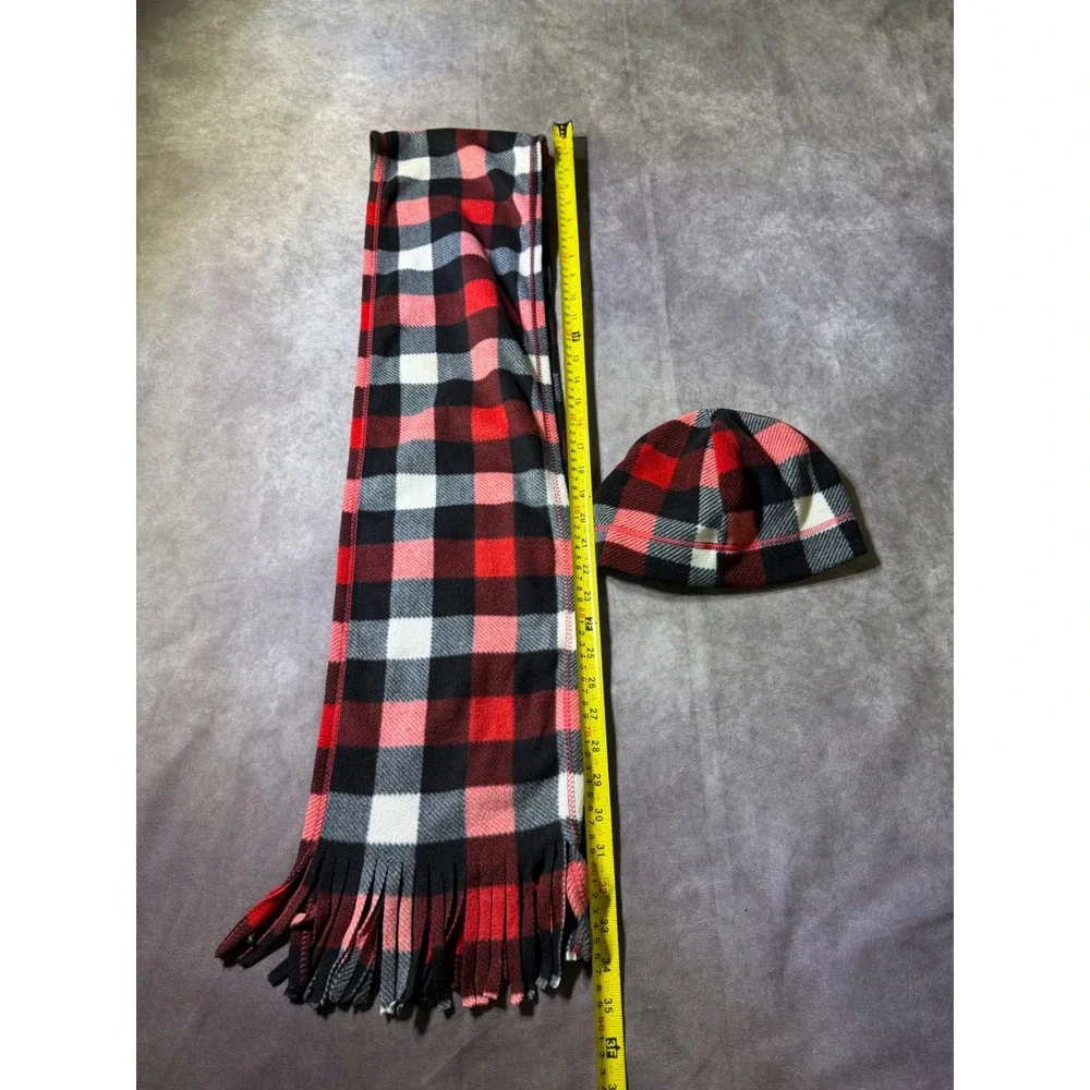 Red Black White Buffalo Plaid Fleece Scarf Beanie Hat Set Winter Accessories